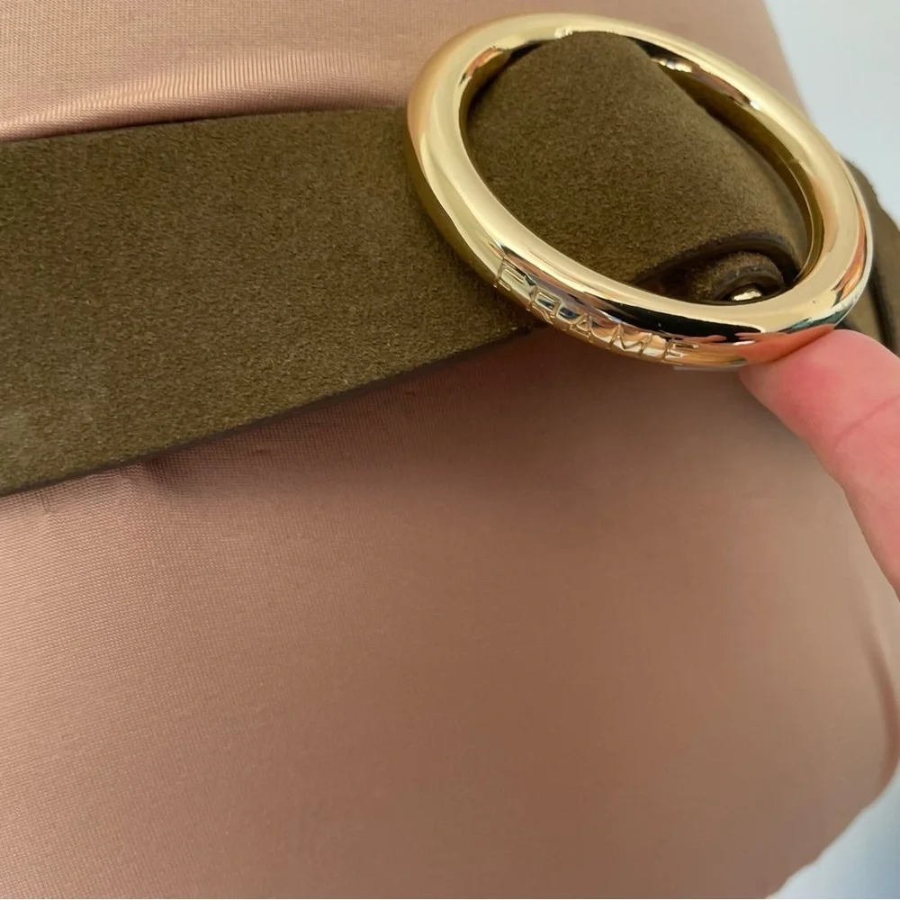 Frame Cargo Green Suede Gold Hardware Adjustable O Ring Belt LWBT0065 Sz Medium